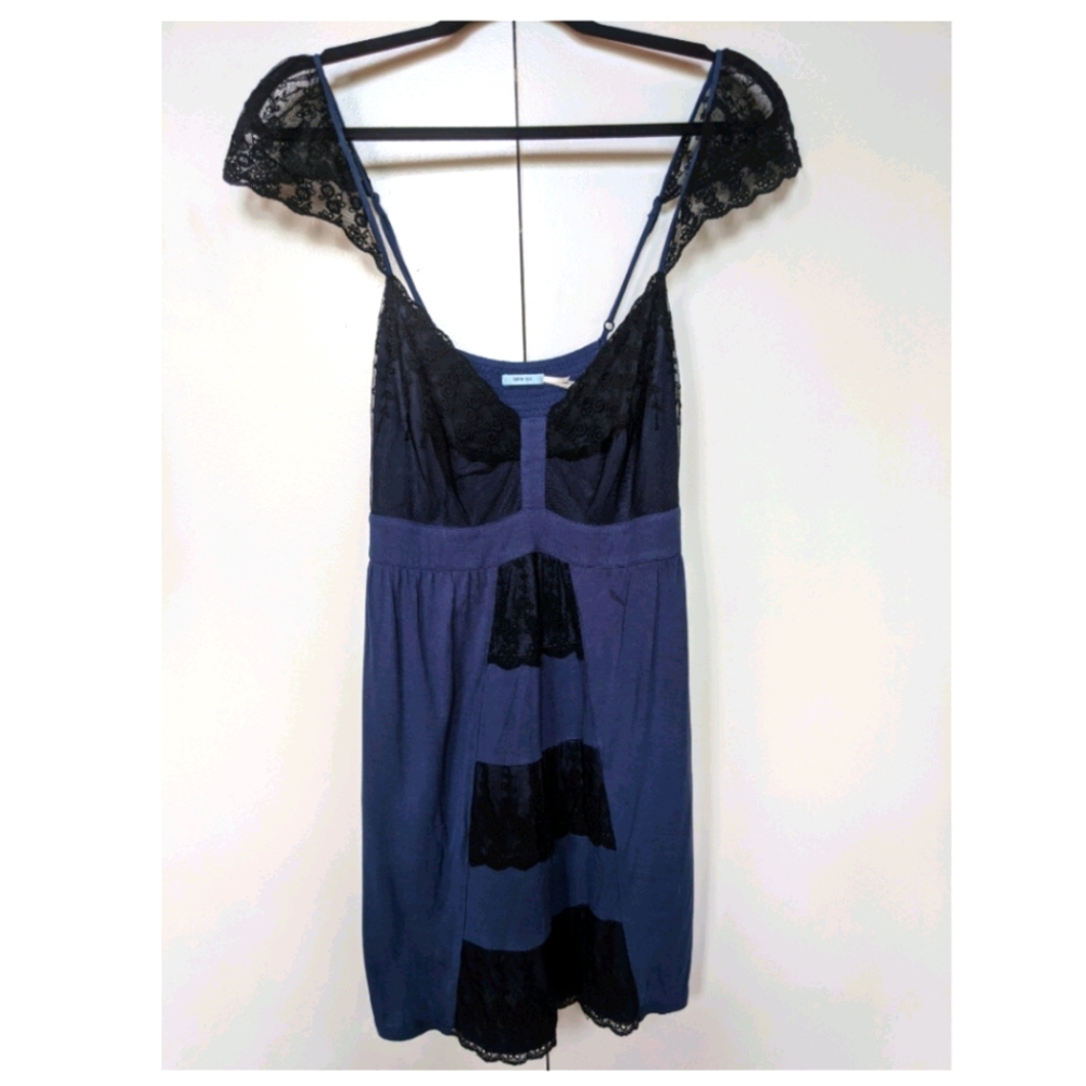 Blue With Black Lace Short Nightgown Slip